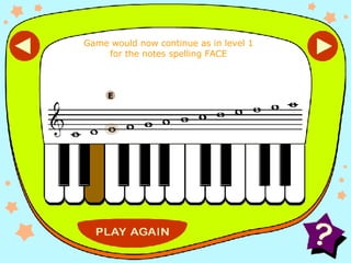 Keyboard lower E E Game would now continue as in level 1 for the notes spelling FACE 