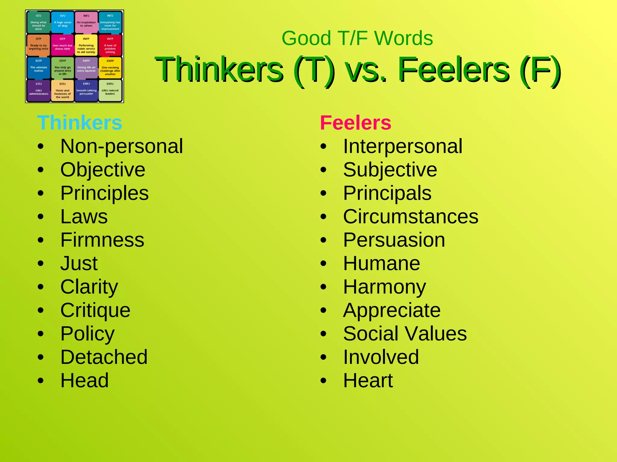 Good T/F Words Thinkers (T) vs. Feelers (F) Thinkers Non-personal Objective Principles Laws Firmness Just Clarity Critique Policy Detached Head Feelers Interpersonal Subjective Principals Circumstances Persuasion Humane Harmony Appreciate Social Values Involved Heart 