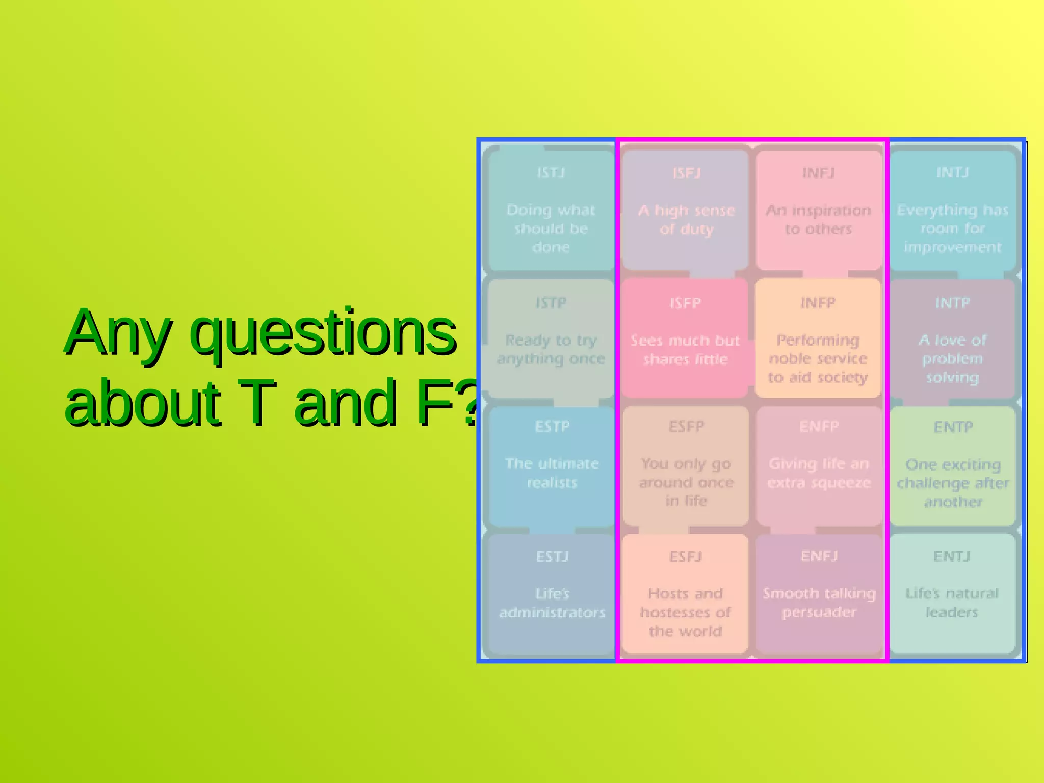 Any questions about T and F? 