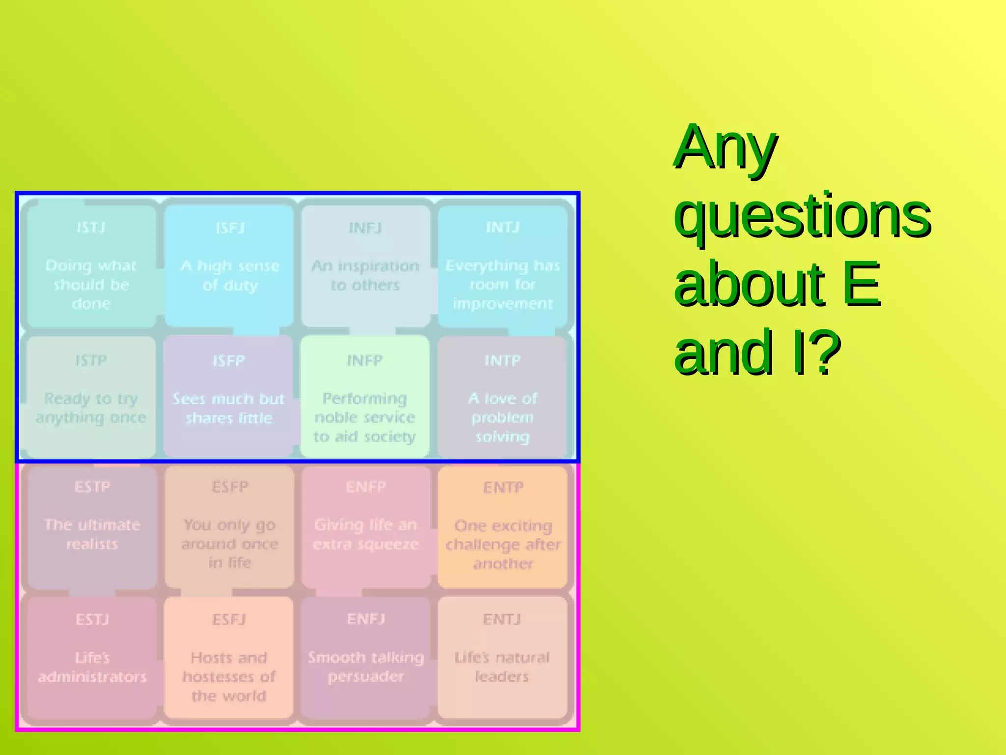 Any questions about E and I? 