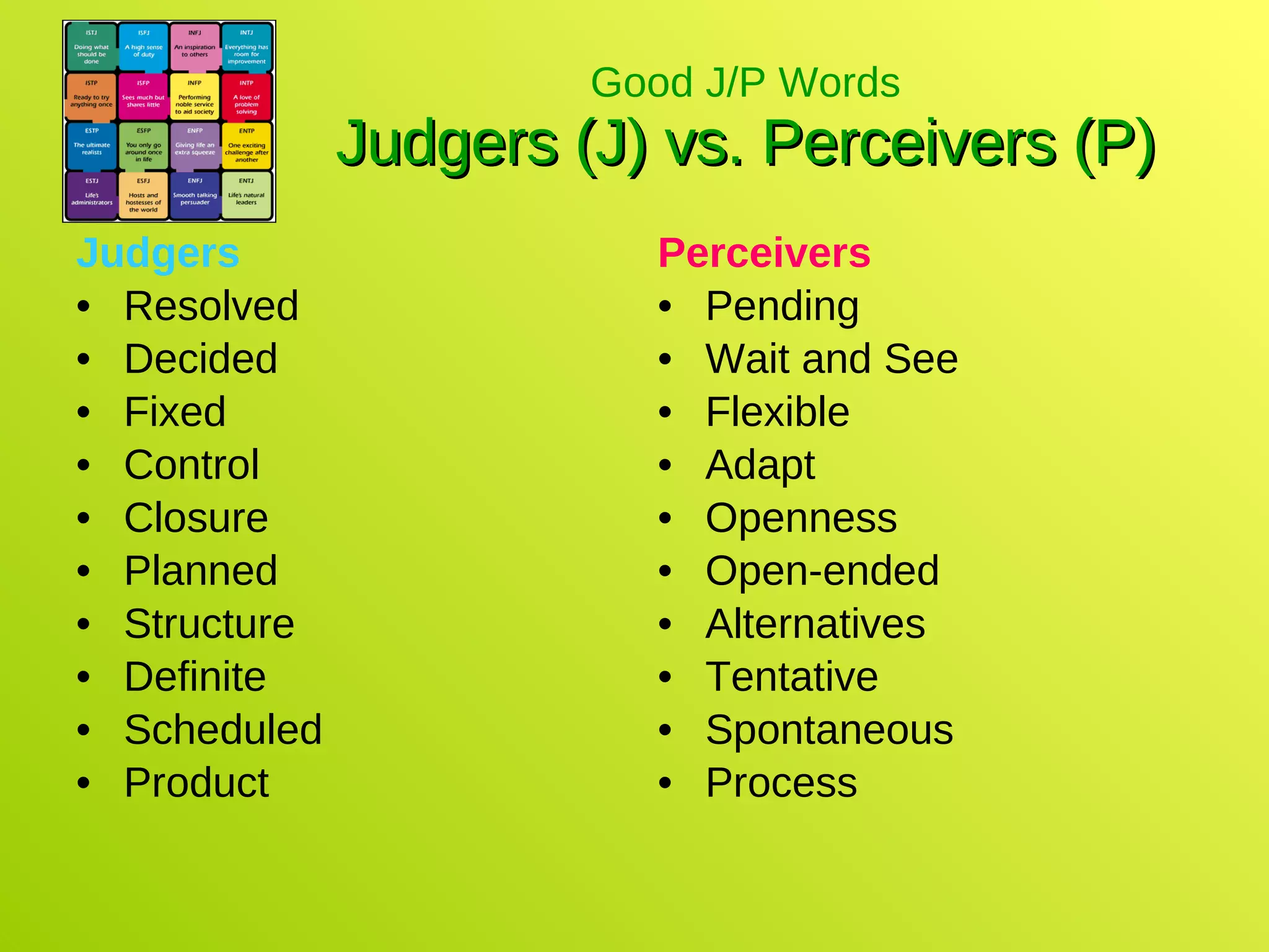 Good J/P Words Judgers (J) vs. Perceivers (P) Judgers Resolved Decided Fixed Control Closure Planned Structure Definite Scheduled Product Perceivers Pending Wait and See Flexible Adapt Openness Open-ended Alternatives Tentative Spontaneous Process 