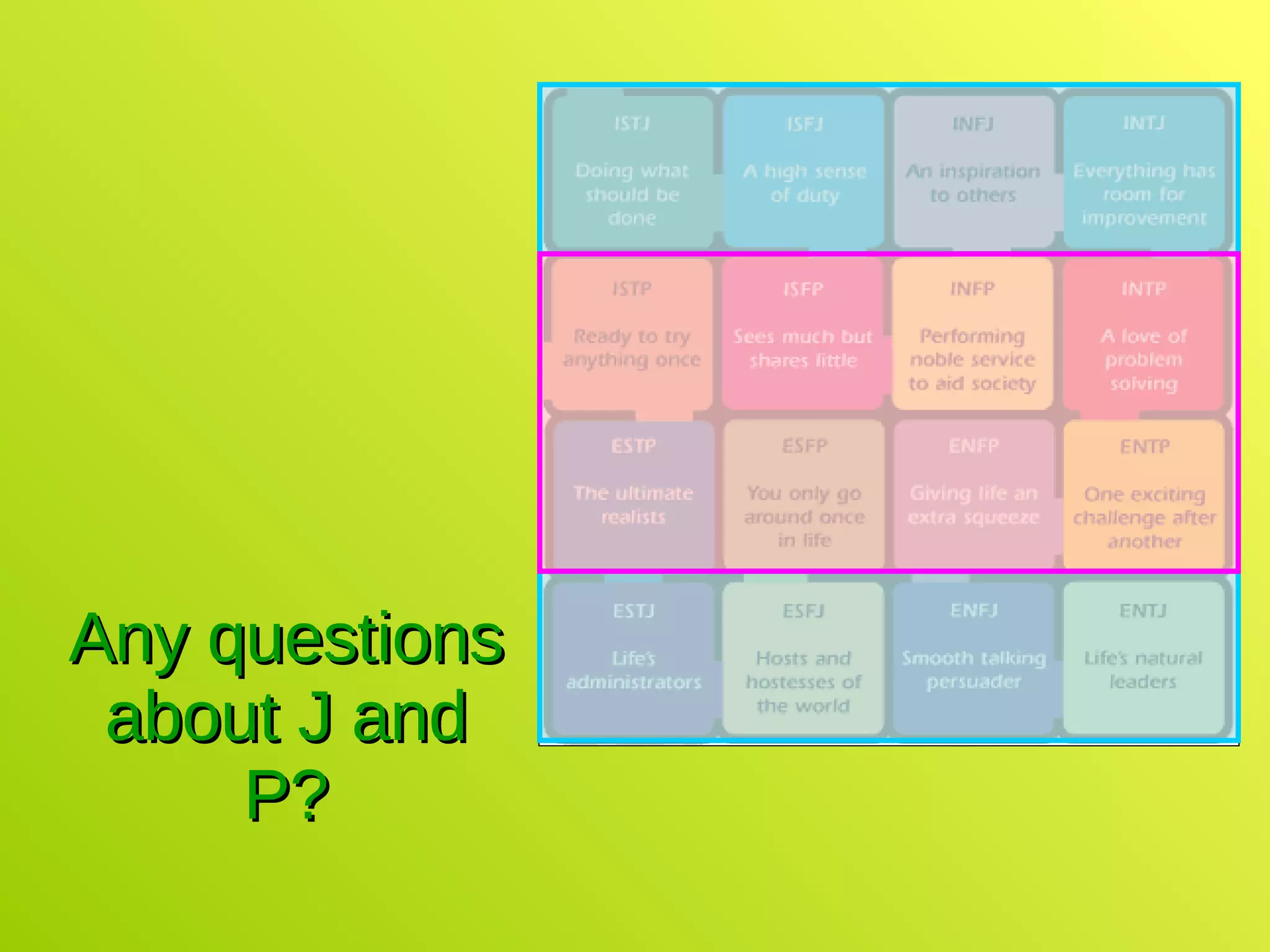 Any questions about J and P? 