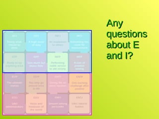 Any questions about E and I? 