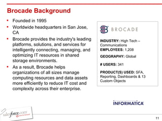 Brocade Background Founded in 1995 Worldwide headquarters in San Jose, CA Brocade provides the industry's leading platforms, solutions, and services for intelligently connecting, managing, and optimizing IT resources in shared storage environments.  As a result, Brocade helps organizations of all sizes manage computing resources and data assets more efficiently to reduce IT cost and complexity across their enterprise.   INDUSTRY:  High Tech – Communications EMPLOYEES:  1,208 GEOGRAPHY:  Global PRODUCT(S) USED:  SFA, Reporting, Dashboards & 13 Custom Objects # USERS:  341 