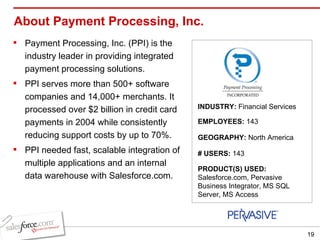 About Payment Processing, Inc.  Payment Processing, Inc. (PPI) is the industry leader in providing integrated payment processing solutions.  PPI serves more than 500+ software companies and 14,000+ merchants. It processed over $2 billion in credit card payments in 2004 while consistently reducing support costs by up to 70%.  PPI needed fast, scalable integration of multiple applications and an internal data warehouse with Salesforce.com. INDUSTRY:  Financial Services EMPLOYEES:  143 GEOGRAPHY:  North America PRODUCT(S) USED:  Salesforce.com, Pervasive Business Integrator, MS SQL Server, MS Access # USERS:  143 