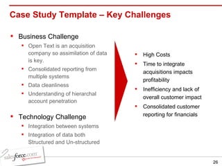 Case Study Template – Key Challenges  Business Challenge Open Text is an acquisition company so assimilation of data is key. Consolidated reporting from multiple systems Data cleanliness Understanding of hierarchal account penetration Technology Challenge Integration between systems Integration of data both Structured and Un-structured High Costs Time to integrate acquisitions impacts profitability  Inefficiency and lack of overall customer impact Consolidated customer reporting for financials  