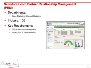 Salesforce.com Partner Relationship Management (PRM) Departments:  Sales, Marketing, Channel Marketing # Users: 100 Key Requirements Partner Program management In- progress of implementation 