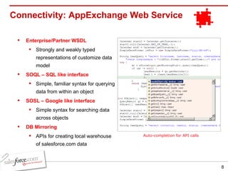 Connectivity: AppExchange Web Service Auto-completion for API calls Enterprise/Partner WSDL Strongly and weakly typed representations of customize data model SOQL – SQL like interface Simple, familiar syntax for querying data from within an object SOSL – Google like interface Simple syntax for searching data across objects DB Mirroring APIs for creating local warehouse of salesforce.com data 
