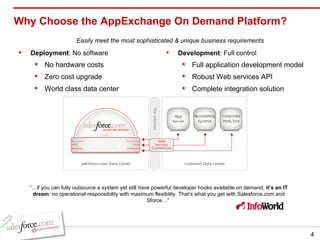 Why Choose the AppExchange On Demand Platform? <ul><li>Deployment : No software </li></ul><ul><ul><li>No hardware costs </...