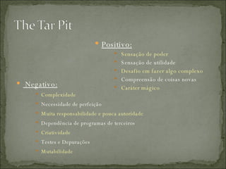 Positivo: Sensação de poder  Sensação de utilidade  Desafio em fazer algo complexo Compreensão de coisas novas Caráter mágico Negativo: Complexidade Necessidade de perfeição  Muita responsabilidade e pouca autoridade  Dependência de programas de terceiros Criatividade Testes e Depurações  Mutabilidade 