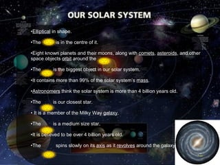 Elliptical  in shape.  The  is in the centre of it.  Eight known planets and their moons, along with  comets ,  asteroids , and other space objects  orbit  around the  . The  is the biggest object in our solar system.  It contains more than 99% of the solar system’s  mass . Astronomers  think the solar system is more than 4 billion years old.  The  is our closest star. It is a member of the Milky Way  galaxy .  The  is a medium size star.  It is believed to be over 4 billion years old.  The  spins slowly on its  axis  as it  revolves  around the galaxy. 