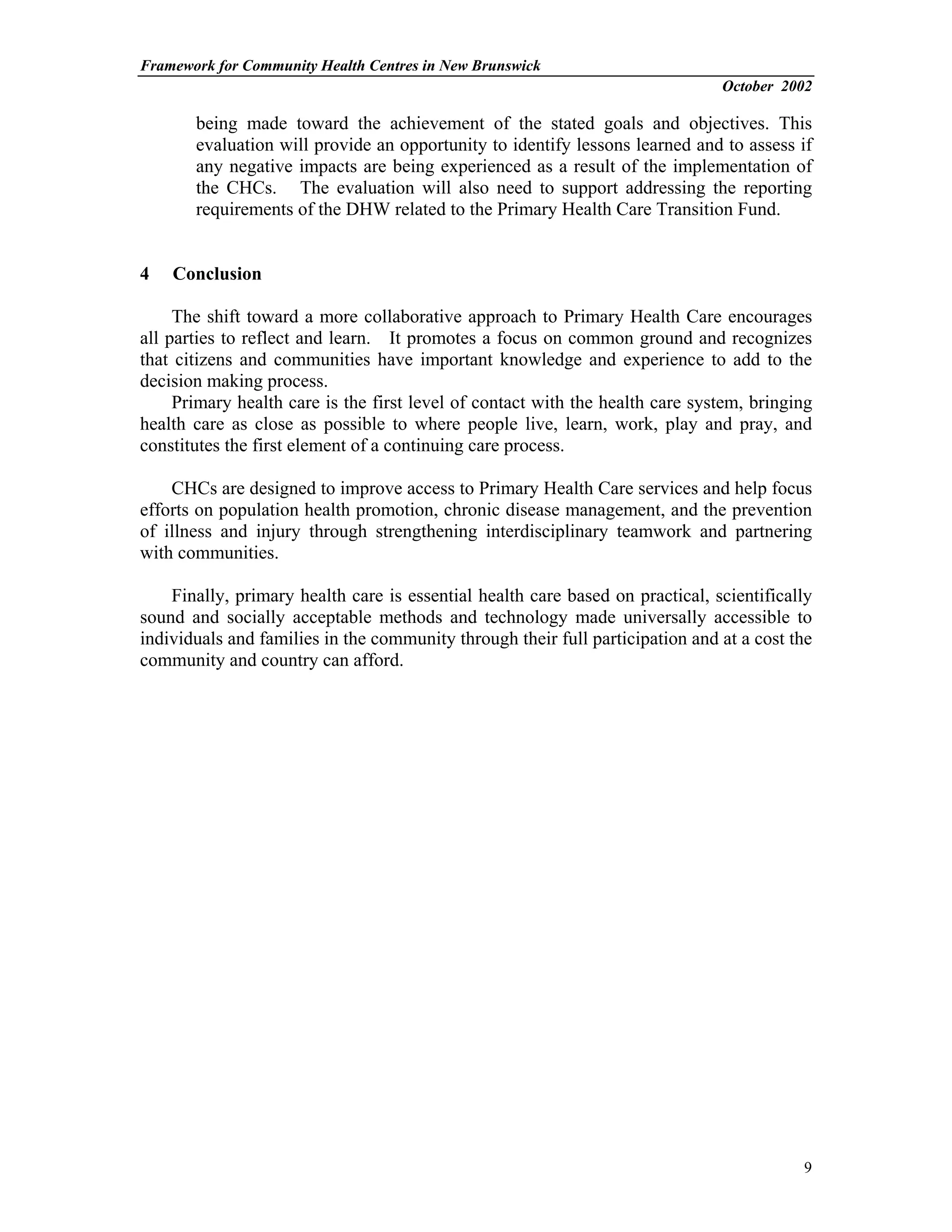 The Nb Community Health Centers Framework