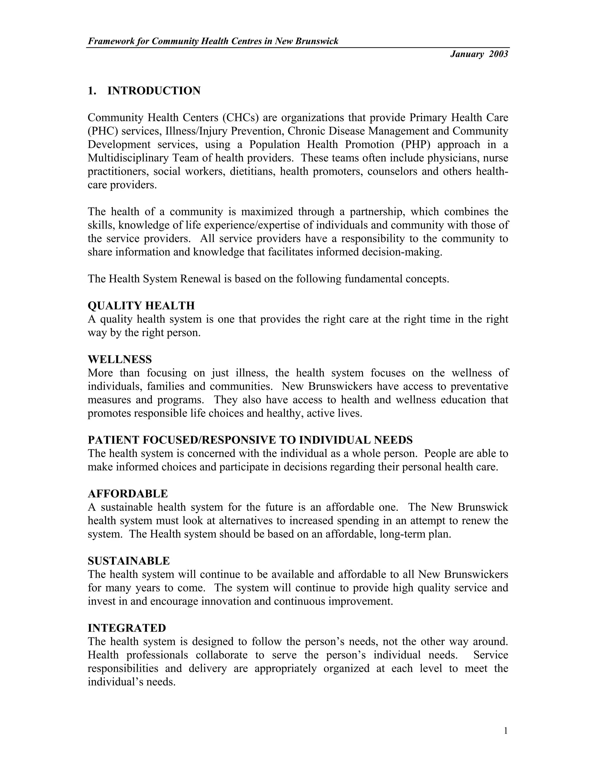 The Nb Community Health Centers Framework