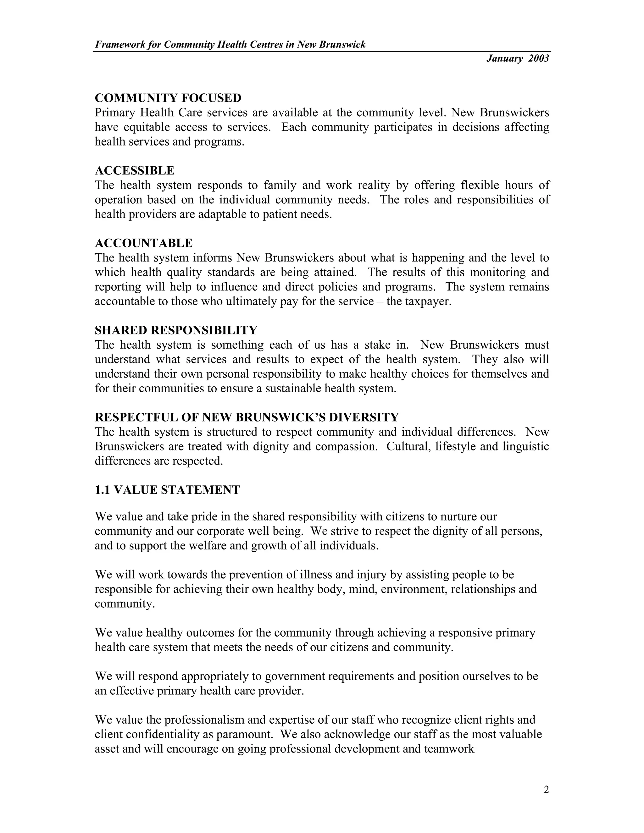 The Nb Community Health Centers Framework