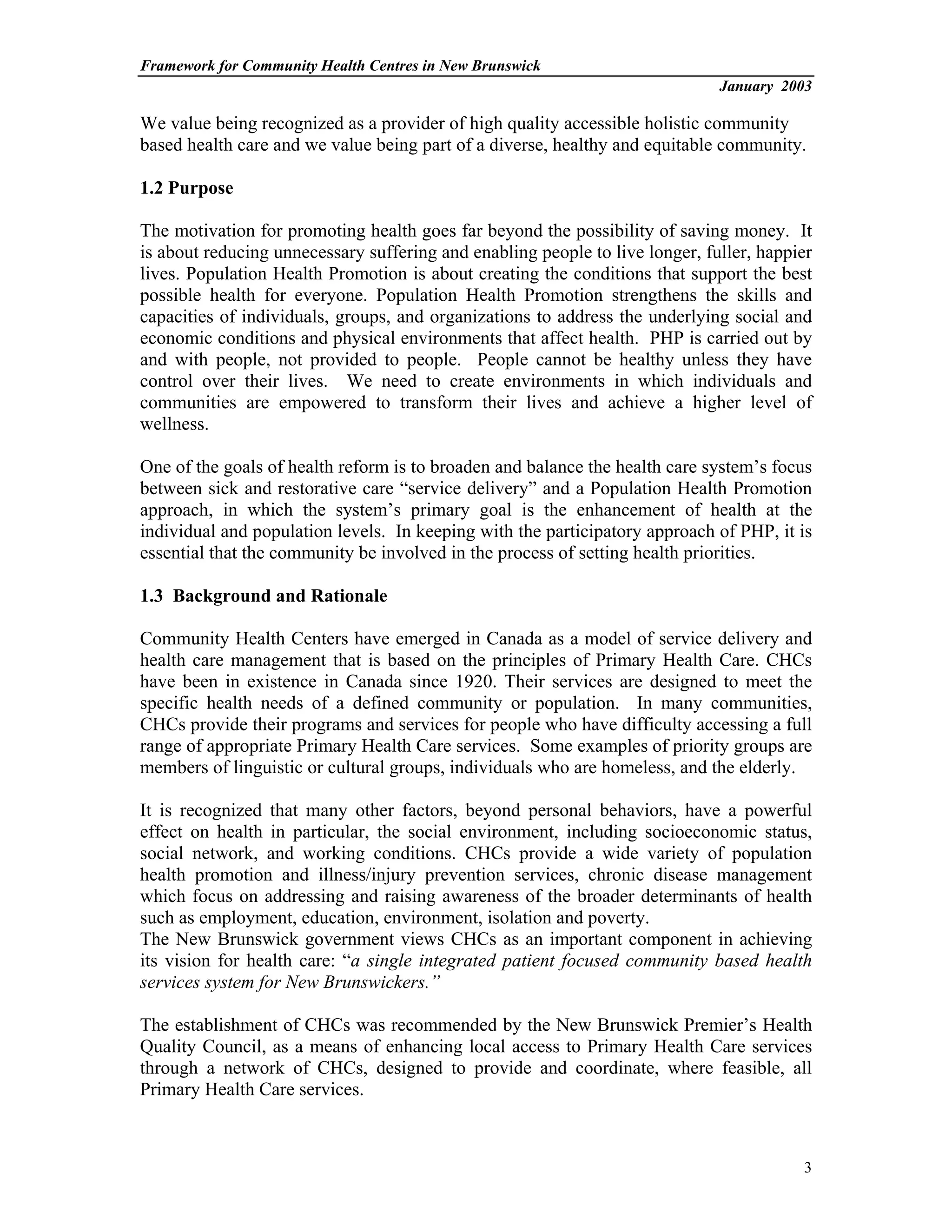 The Nb Community Health Centers Framework