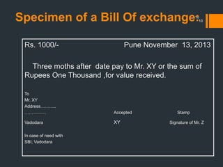 10
Specimen of a Bill Of exchange:
Rs. 1000/- Pune November 13, 2013
Three moths after date pay to Mr. XY or the sum of
Rupees One Thousand ,for value received.
To
Mr. XY
Address………..
…………… Accepted Stamp
Vadodara XY Signature of Mr. Z
In case of need with
SBI, Vadodara
10
 