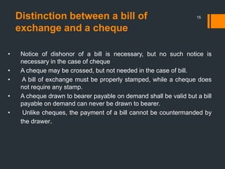 Distinction between a bill of
exchange and a cheque
15
• Notice of dishonor of a bill is necessary, but no such notice is
necessary in the case of cheque
• A cheque may be crossed, but not needed in the case of bill.
• A bill of exchange must be properly stamped, while a cheque does
not require any stamp.
• A cheque drawn to bearer payable on demand shall be valid but a bill
payable on demand can never be drawn to bearer.
• Unlike cheques, the payment of a bill cannot be countermanded by
the drawer.
 