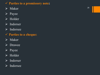  Parties to a promissory note:
 Maker
 Payee
 Holder
 Indorser
 Indorsee
 Parties to a cheque:
 Maker
 Drawee
 Payee
 Holder
 Indorser
 Indorsee
25
 