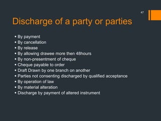 Discharge of a party or parties
47
 By payment
 By cancellation
 By release
 By allowing drawee more then 48hours
 By non-presentment of cheque
 Cheque payable to order
 Draft Drawn by one branch on another
 Parties not consenting discharged by qualified acceptance
 By operation of law
 By material alteration
 Discharge by payment of altered instrument
 