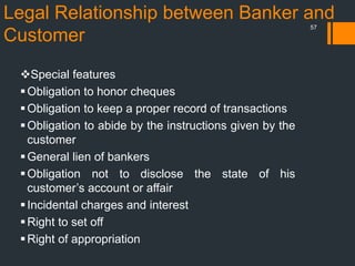 Legal Relationship between Banker and
Customer
57
Special features
Obligation to honor cheques
Obligation to keep a proper record of transactions
Obligation to abide by the instructions given by the
customer
General lien of bankers
Obligation not to disclose the state of his
customer’s account or affair
Incidental charges and interest
Right to set off
Right of appropriation
 