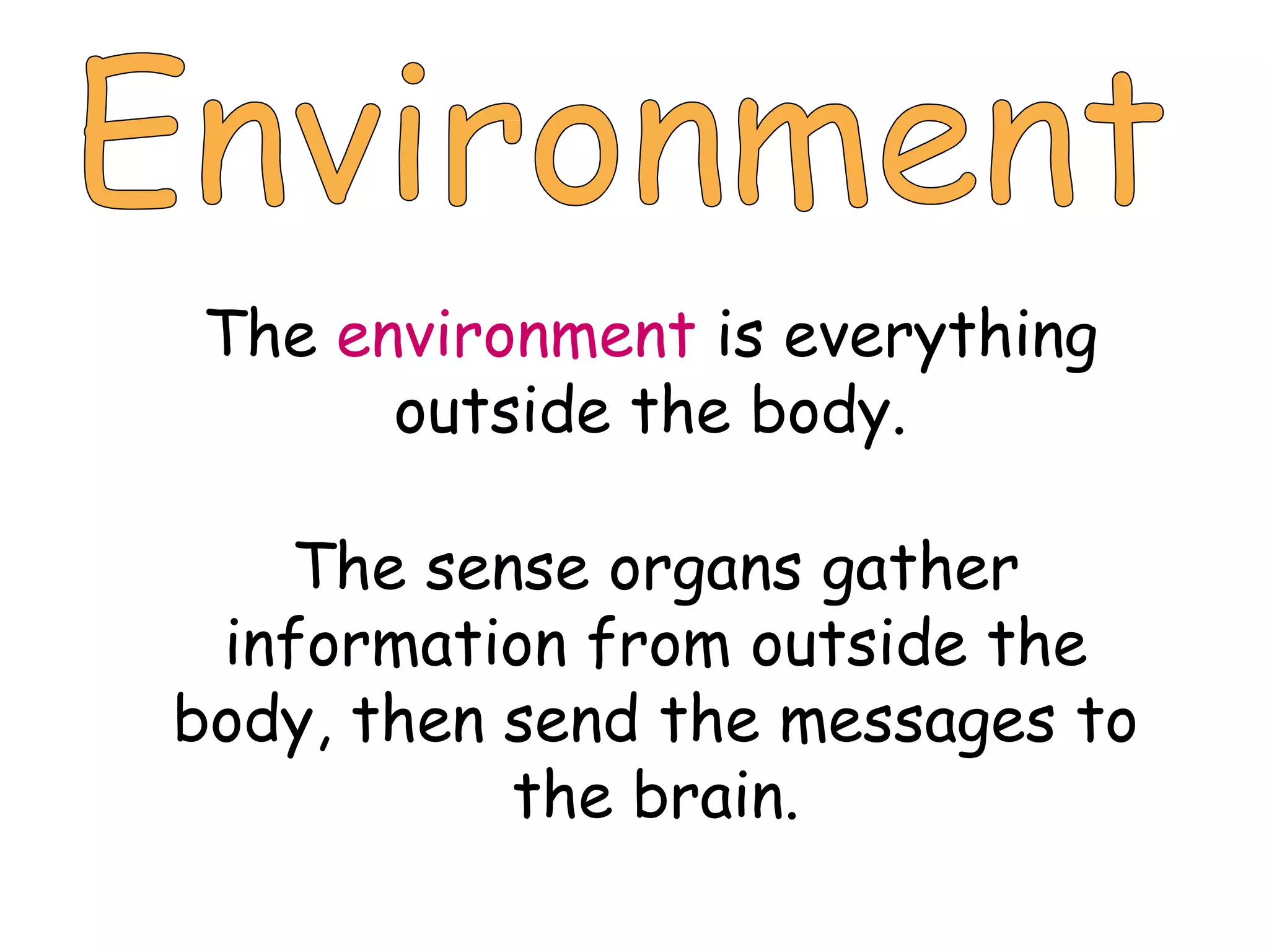 Environment The  environment  is everything outside the body. The sense organs gather information from outside the body, then send the messages to the brain. 