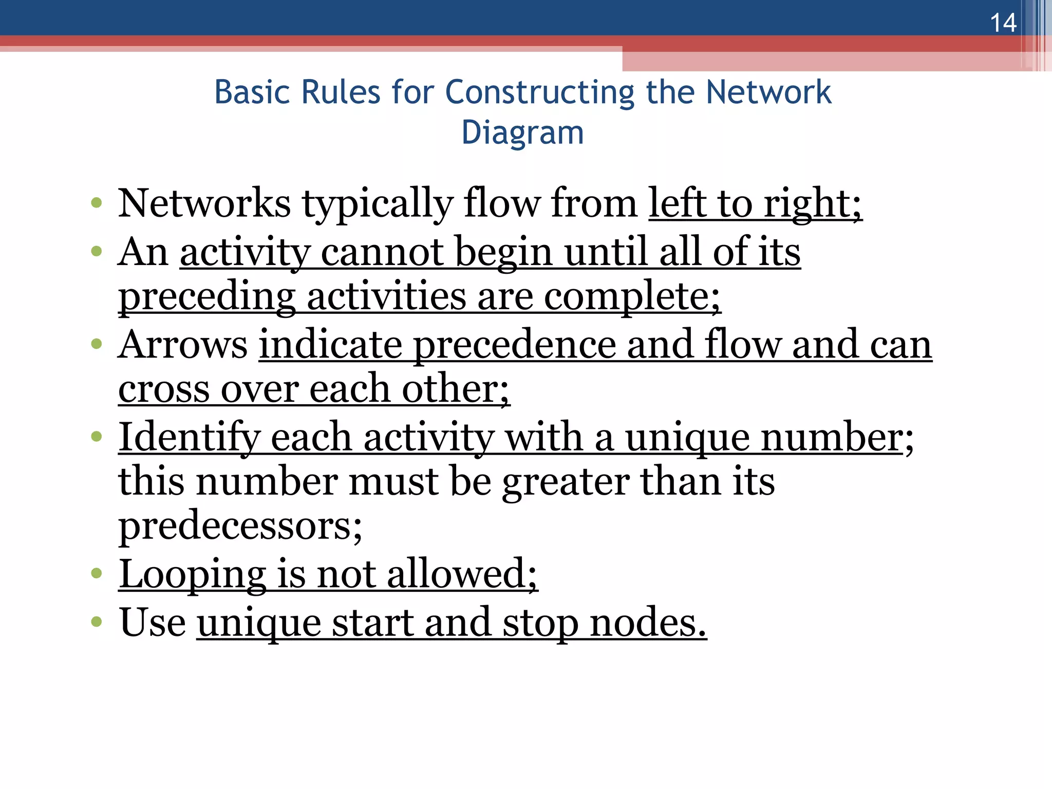 Basic Rules for Constructing the Network Diagram Networks typically flow from  left to right; An  activity cannot begin until all of its preceding activities are complete; Arrows  indicate precedence and flow and can cross over each other; Identify each activity with a unique number ; this number must be greater than its predecessors; Looping is not allowed; Use  unique start and stop nodes. 