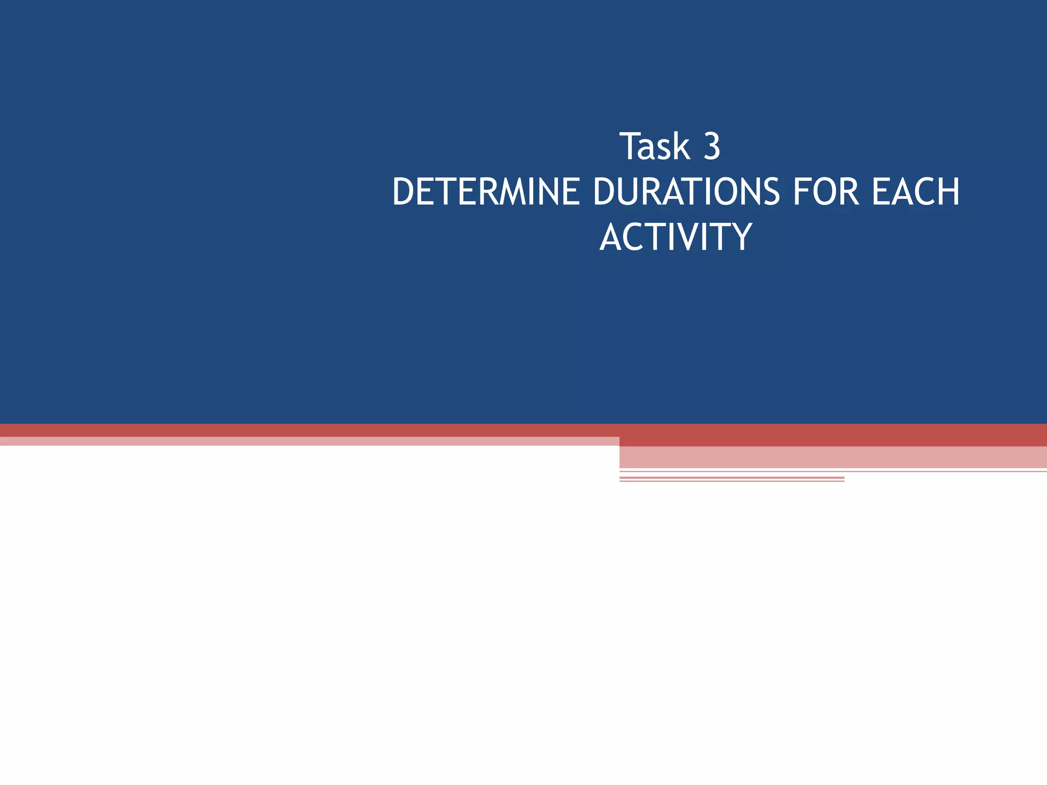 Task 3  DETERMINE DURATIONS FOR EACH ACTIVITY 