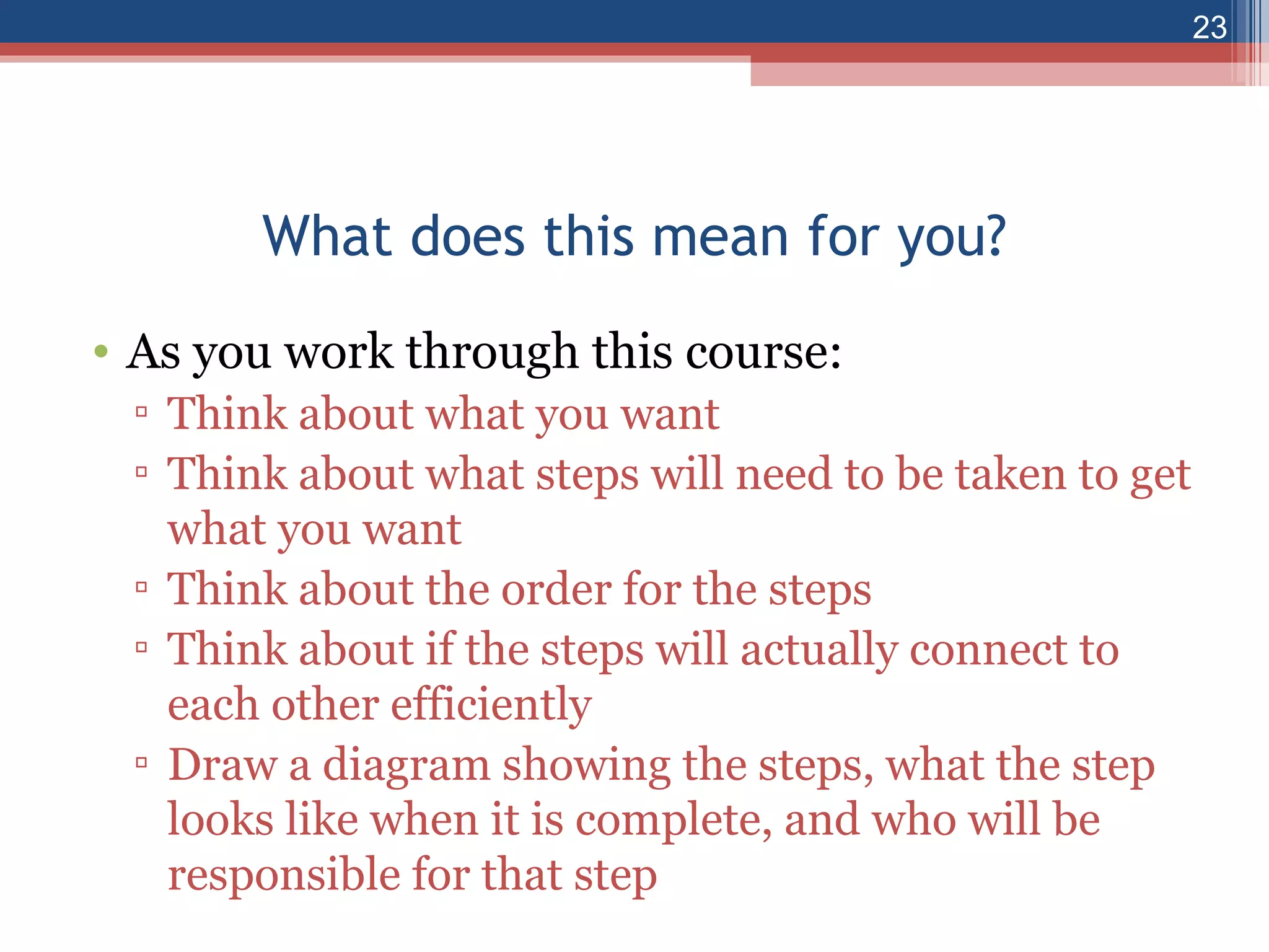 What does this mean for you? As you work through this course: Think about what you want Think about what steps will need to be taken to get what you want Think about the order for the steps Think about if the steps will actually connect to each other efficiently Draw a diagram showing the steps, what the step looks like when it is complete, and who will be responsible for that step 