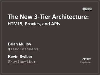 The New 3-Tier Architecture:
HTML5, Proxies, and APIs



Brian Mulloy
@landlessness
Kevin Swiber                Apigee
@kevinswiber               @apigee
 