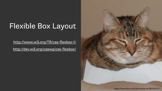 Flexible Box Layout
http://www.w3.org/TR/css-flexbox-1/
http://dev.w3.org/csswg/css-flexbox/
https://www.ﬂickr.com/photos/zervas/2810241612
 