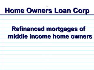 Home Owners Loan Corp Refinanced mortgages of middle income home owners                              