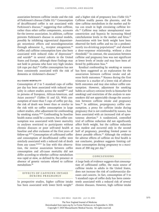 n engl j med 383;4  nejm.org  July 23, 2020 375
Coffee, Caffeine, and Health
association between caffeine intake and the risk
of Parkinson’s disease (Table S1).21
Consumption
of decaffeinated coffee is not associated with
Parkinson’s disease,21
suggesting that caffeine,
rather than other coffee components, accounts
for the inverse association. In addition, caffeine
prevents Parkinson’s disease in animal models,
possibly by inhibiting nigrostriatal dopaminer-
gic neurotoxic effects and neurodegeneration
through adenosine A2A
receptor antagonism.84
Coffee and caffeine consumption have also been
associated with reduced risks of depression22
and suicide85
in several cohorts in the United
States and Europe, although these findings may
not hold in persons who have very high intakes
(≥8 cups per day).86
Coffee consumption has not
been consistently associated with the risk of
dementia or Alzheimer’s disease.87
All-Cause Mortality
Consumption of 2 to 5 standard cups of coffee
per day has been associated with reduced mor-
tality in cohort studies across the world88-90
and
in persons of European, African-American, and
Asian ancestry91
(Tables S1 and S2). With con-
sumption of more than 5 cups of coffee per day,
the risk of death was lower than or similar to
the risk with no coffee consumption in large
cohort studies, after adjustment for confounding
by smoking status.88,89
Confounding by baseline
health status could be a concern, but coffee con-
sumption was associated with lower mortality
in analyses restricted to participants without
chronic diseases or poor self-rated health at
baseline and after exclusion of the first years of
follow-up.88-91
Consumption of caffeinated coffee
and consumption of decaffeinated coffee were
similarly associated with a reduced risk of death
from any cause.88,89,91
In line with this observa-
tion, the inverse association between coffee
consumption and all-cause mortality did not
differ according to whether caffeine metabolism
was rapid or slow, as defined by the presence or
absence of genetic variants related to caffeine
metabolism.88
Effects of Caffeine Intake
during Pregnancy
In prospective studies, higher caffeine intake
has been associated with lower birth weight27
and a higher risk of pregnancy loss (Table S1).28
Caffeine readily passes the placenta, and the
slow caffeine metabolism in the mother and fe-
tus can result in high circulating caffeine lev-
els.14
Caffeine may induce uteroplacental vaso-
constriction and hypoxia by increasing blood
catecholamine levels in the mother and fetus.27
Associations with low birth weight have been
observed for both coffee and tea (in a predomi-
nantly tea-drinking population)92
and showed
a dose–response relationship, without a clear
threshold.27
In contrast, the association between
caffeine and pregnancy loss was not significant
at lower levels of intake and may have been af-
fected by publication bias.28
Residual confounding by smoking or nausea
has been suggested as an explanation for the
association between caffeine intake and ad-
verse birth outcomes.28
Nausea during the first
trimester is a marker of a lower risk of adverse
birth outcomes and may also reduce coffee con-
sumption. However, adjustment for smoking
habits or salivary cotinine levels (a biomarker for
smoking) and restriction of the analysis to non-
smokers did not appreciably change the associa-
tion between caffeine intake and pregnancy
loss.28
In addition, prepregnancy coffee con-
sumption, a proxy for caffeine intake during
pregnancy that is not confounded by nausea, has
been associated with an increased risk of spon-
taneous abortion.93
A randomized, controlled
trial of caffeine reduction did not significantly
affect birth weight, but the caffeine reduction
was modest and occurred only in the second
half of pregnancy, providing limited power to
detect possible effects.94
Although the evidence
for adverse effects of caffeine on fetal health is
not conclusive, prudence suggests limiting caf-
feine consumption during pregnancy to a maxi-
mum of 200 mg per day.37
Conclusions
A large body of evidence suggests that consump-
tion of caffeinated coffee, the main source of
caffeine intake in adults in the United States,
does not increase the risk of cardiovascular dis-
eases and cancers. In fact, consumption of 3 to
5 standard cups of coffee daily has been consis-
tently associated with a reduced risk of several
chronic diseases. However, high caffeine intake
The New England Journal of Medicine
Downloaded from nejm.org by La Forme Parlons-en on September 6, 2020.
Copyright © 2020 Massachusetts Medical Society. All rights reserved.
 