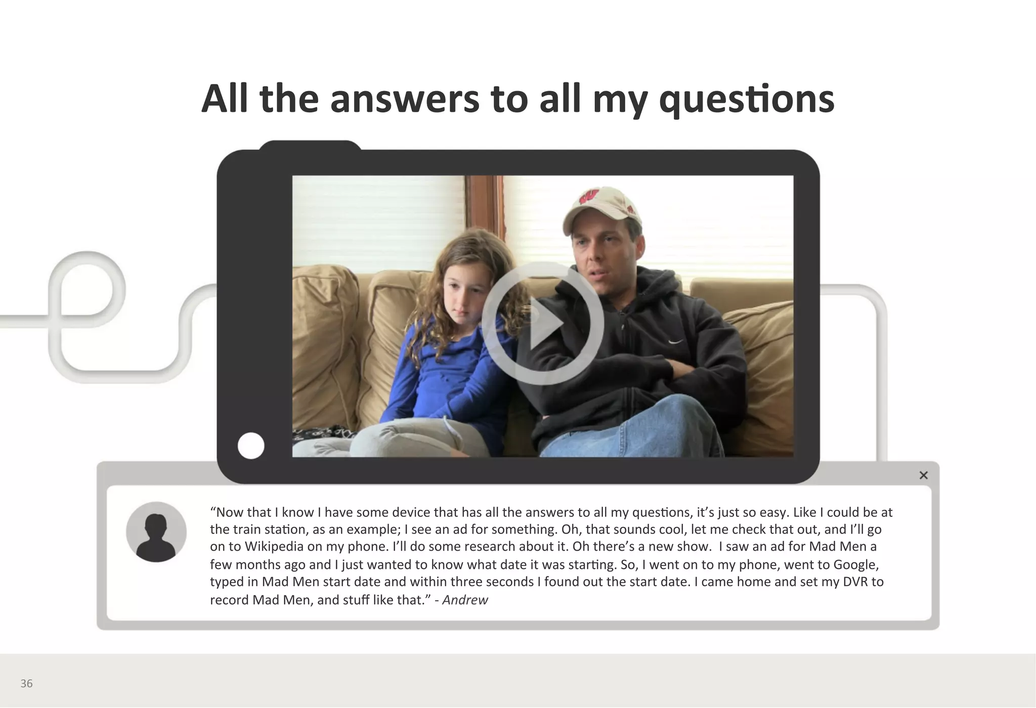 All	
  the	
  answers	
  to	
  all	
  my	
  ques*ons	
  
“Now	
  that	
  I	
  know	
  I	
  have	
  some	
  device	
  that	
  has	
  all	
  the	
  answers	
  to	
  all	
  my	
  ques?ons,	
  it’s	
  just	
  so	
  easy.	
  Like	
  I	
  could	
  be	
  at	
  
the	
  train	
  sta?on,	
  as	
  an	
  example;	
  I	
  see	
  an	
  ad	
  for	
  something.	
  Oh,	
  that	
  sounds	
  cool,	
  let	
  me	
  check	
  that	
  out,	
  and	
  I’ll	
  go	
  
on	
  to	
  Wikipedia	
  on	
  my	
  phone.	
  I’ll	
  do	
  some	
  research	
  about	
  it.	
  Oh	
  there’s	
  a	
  new	
  show.	
  	
  I	
  saw	
  an	
  ad	
  for	
  Mad	
  Men	
  a	
  
few	
  months	
  ago	
  and	
  I	
  just	
  wanted	
  to	
  know	
  what	
  date	
  it	
  was	
  star?ng.	
  So,	
  I	
  went	
  on	
  to	
  my	
  phone,	
  went	
  to	
  Google,	
  
typed	
  in	
  Mad	
  Men	
  start	
  date	
  and	
  within	
  three	
  seconds	
  I	
  found	
  out	
  the	
  start	
  date.	
  I	
  came	
  home	
  and	
  set	
  my	
  DVR	
  to	
  
record	
  Mad	
  Men,	
  and	
  stuﬀ	
  like	
  that.”	
  -­‐	
  Andrew	
  
	
  
36	
  
 