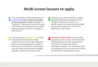 Mul*-­‐screen	
  lessons	
  to	
  apply	
  	
  
The	
  vast	
  majority	
  of	
  media	
  interac?ons	
  are	
  
screen-­‐based,	
  and	
  so	
  marke?ng	
  strategies	
  
should	
  no	
  longer	
  be	
  viewed	
  as	
  “digital”	
  or	
  
“tradi?onal”.	
  Businesses	
  should	
  understand	
  
all	
  of	
  the	
  ways	
  that	
  people	
  consume	
  media,	
  
par?cularly	
  digital,	
  and	
  tailor	
  strategies	
  to	
  
each	
  channel	
  
	
  
1	
  
The	
  prevalence	
  of	
  sequen*al	
  usage	
  makes	
  
it	
  impera?ve	
  that	
  businesses	
  enable	
  
customers	
  to	
  save	
  their	
  progress	
  between	
  
devices.	
  Saved	
  shopping	
  carts,	
  “signed-­‐in”	
  
experiences	
  or	
  the	
  ability	
  to	
  email	
  progress	
  
to	
  oneself	
  helps	
  keep	
  consumers	
  engaged,	
  
regardless	
  of	
  device	
  used	
  to	
  get	
  to	
  you	
  
3	
  
Consumers	
  turn	
  to	
  their	
  devices	
  in	
  various	
  
contexts.	
  Marke?ng	
  and	
  websites	
  should	
  
reﬂect	
  the	
  needs	
  of	
  a	
  consumer	
  on	
  a	
  
speciﬁc	
  screen,	
  and	
  conversion	
  goals	
  should	
  
be	
  adjusted	
  to	
  account	
  for	
  the	
  inherent	
  
diﬀerences	
  in	
  each	
  device	
  
2	
  
Consumers	
  rely	
  on	
  search	
  to	
  connect	
  their	
  
experiences	
  across	
  screens.	
  Not	
  only	
  should	
  
brands	
  give	
  consumers	
  the	
  opportunity	
  to	
  
ﬁnd	
  them	
  with	
  mul?-­‐device	
  search	
  
campaigns,	
  strategies	
  such	
  as	
  keyword	
  parity	
  
across	
  devices	
  can	
  ensure	
  consumers	
  can	
  ﬁnd	
  
the	
  brand	
  when	
  resuming	
  their	
  search	
  
4	
  
44	
  
 