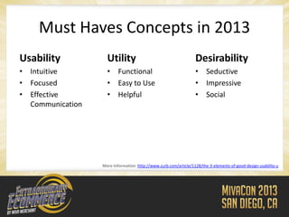 Must Haves Concepts in 2013
Usability           Utility                                       Desirability
• Intuitive         • Functional                                  • Seductive
• Focused           • Easy to Use                                 • Impressive
• Effective         • Helpful                                     • Social
  Communication




                  More Information: http://www.zurb.com/article/1128/the-3-elements-of-good-design-usability-u
 