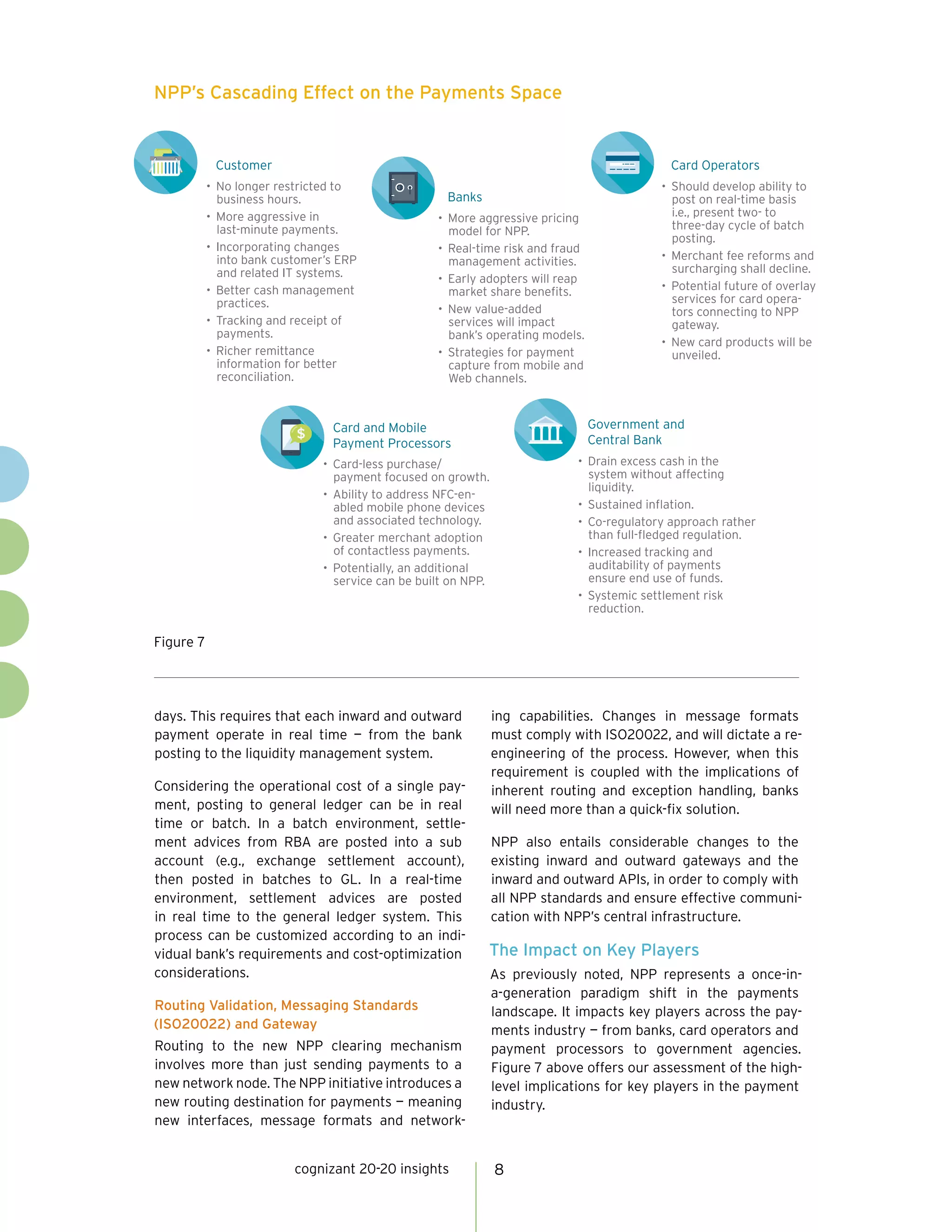 cognizant 20-20 insights 8
days. This requires that each inward and outward
payment operate in real time — from the bank
posting to the liquidity management system.
Considering the operational cost of a single pay-
ment, posting to general ledger can be in real
time or batch. In a batch environment, settle-
ment advices from RBA are posted into a sub
account (e.g., exchange settlement account),
then posted in batches to GL. In a real-time
environment, settlement advices are posted
in real time to the general ledger system. This
process can be customized according to an indi-
vidual bank’s requirements and cost-optimization
considerations.
Routing Validation, Messaging Standards
(ISO20022) and Gateway
Routing to the new NPP clearing mechanism
involves more than just sending payments to a
new network node. The NPP initiative introduces a
new routing destination for payments — meaning
new interfaces, message formats and network-
ing capabilities. Changes in message formats
must comply with ISO20022, and will dictate a re-
engineering of the process. However, when this
requirement is coupled with the implications of
inherent routing and exception handling, banks
will need more than a quick-fix solution.
NPP also entails considerable changes to the
existing inward and outward gateways and the
inward and outward APIs, in order to comply with
all NPP standards and ensure effective communi-
cation with NPP’s central infrastructure.
The Impact on Key Players
As previously noted, NPP represents a once-in-
a-generation paradigm shift in the payments
landscape. It impacts key players across the pay-
ments industry — from banks, card operators and
payment processors to government agencies.
Figure 7 above offers our assessment of the high-
level implications for key players in the payment
industry.
NPP’s Cascading Effect on the Payments Space
Customer Card Operators
Card and Mobile
Payment Processors
Government and
Central Bank
Banks
• No longer restricted to
business hours.
• More aggressive in
last-minute payments.
• Incorporating changes
into bank customer’s ERP
and related IT systems.
• Better cash management
practices.
• Tracking and receipt of
payments.
• Richer remittance
information for better
reconciliation.
• More aggressive pricing
model for NPP.
• Real-time risk and fraud
management activities.
• Early adopters will reap
market share benefits.
• New value-added
services will impact
bank’s operating models.
• Strategies for payment
capture from mobile and
Web channels.
• Should develop ability to
post on real-time basis
i.e., present two- to
three-day cycle of batch
posting.
• Merchant fee reforms and
surcharging shall decline.
• Potential future of overlay
services for card opera-
tors connecting to NPP
gateway.
• New card products will be
unveiled.
• Card-less purchase/
payment focused on growth.
• Ability to address NFC-en-
abled mobile phone devices
and associated technology.
• Greater merchant adoption
of contactless payments.
• Potentially, an additional
service can be built on NPP.
• Drain excess cash in the
system without affecting
liquidity.
• Sustained inflation.
• Co-regulatory approach rather
than full-fledged regulation.
• Increased tracking and
auditability of payments
ensure end use of funds.
• Systemic settlement risk
reduction.
Figure 7
 