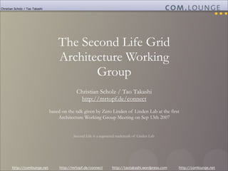 Christian Scholz / Tao Takashi




                                     The Second Life Grid
                             ...