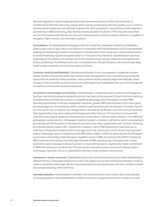 Vertical integration or partnerships along the value chain were common shifts in the industries. In
commercial aircraft manufacturing, engines were, and are, produced by external suppliers, but, in order to
develop better-quality and more efficient engines than their competitors’, manufacturers hold integrated
partnerships in R&D and testing. Also, Boeing recently decided to build the 777X wing internally (which
was formerly outsourced) and has also set up an internal avionics division to reduce reliance on suppliers of
navigation, flight controls, and information systems.
Consolidation. As industrialization emerged in the four industries, companies started to consolidate in
order to gain scale. In agriculture, land reforms in combination with industrialization (such as standardized
seeding and harvesting) resulted in the industry’s transformation from a large set of small and local farms
to one dominated by regional and global players. In manufacturing industries, standardization spurred a
large wave of consolidation. In commercial aircraft manufacturing, several companies consolidated into
Airbus and Boeing. The defense sector also consolidated over the past 50 years, with several large deals
made to align companies’ services and product portfolios.
Customer-centricity and branding. Following specialization in end-use segments, companies invested
heavily to build strong brands within their market niches and segments. In car manufacturing, brands tell
stories that are centered on the customers—and customers let the products shape their lifestyles. Given
changes in how consumers acquire and use cars, automakers have emphasized their use of technology and
innovation to enhance the customer experience.
Investment in technologies and facilities. Industrialization created the need to invest in technology and
facilities: manufacturing plants needed to be built, machinery to be acquired. Product and manufacturing
innovation became important sources of competitive advantage, which led players to boost R&D
spending significantly. In the four comparable industries, greater R&D spending led to short-term gains
and advantages for the companies, while customers have benefited over the long term. Consider that the
current cost of a car or airplane has changed little in the past ten to 20 years, but both cars and airplanes
have significantly more value-adding technologies and other features. The trend has continued with
investments by original-equipment manufacturers in the electric-vehicle-battery market—from R&D and
packaging to cell production. Volkswagen recently invested in a battery-cell factory that it is developing in
partnership with SK Innovation in Germany. It has also struck major supply deals with LG Chem, Samsung,
and Chinese battery maker CATL. Overall, the company’s ratio of R&D spending to total revenues is
now close to 6 percent compared with an average across the construction sector of less than 2 percent.
Indeed, Volkswagen alone invested more than $13 billion in R&D in 2019, the same amount the 25 largest
construction and building materials players together spent on R&D, according to the 2019 EU Industrial
R&D Investment Scoreboard. And although that level of R&D spending may converge to the current
automotive-sector average of almost 5 percent, it would still represent a significantly higher commitment
to R&D than is typical in construction.28
In sum, across industries winners continue to heavily invest in
technology, many with a focus on digitalization and data-driven products and services.
Investment in human resources. Employee attraction and retention became a priority when industrialization
affected the four comparable industries at scale. First, players built up their technical knowledge in order to
create a competitive advantage. Second, improved production processes have, over time, resulted in a need
for constant retraining of the workforce.
Internationalization. Industrialization ushered in the standardization of processes, which was adopted
across geographies. Internationalization enabled companies to expand beyond their borders in pursuit
38 The next normal in construction
 