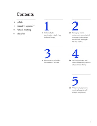 Contents
In brief	
Executive summary
Related reading
Endnotes
1 2Historically, the
construction industry has
underperformed	
16 A changing market
environment, technological
progress, and disruptive
new entrants will trigger
industry overhaul
24
3 4Almost half of incumbent
value added is at stake
41 Transformation will take
time, but the COVID-19 crisis
will accelerate change
55
5All players must prepare
now for a fundamentally
different next normal
65
2
4
83
84
1
 