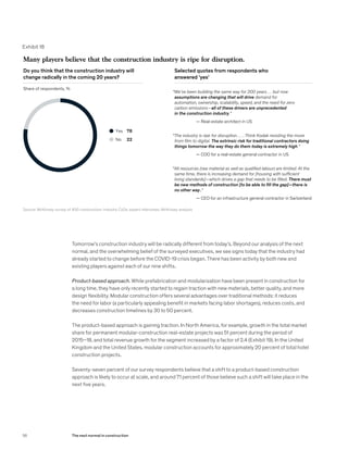 Tomorrow’s construction industry will be radically different from today’s. Beyond our analysis of the next
normal, and the overwhelming belief of the surveyed executives, we see signs today that the industry had
already started to change before the COVID-19 crisis began. There has been activity by both new and
existing players against each of our nine shifts.
Product-based approach. While prefabrication and modularization have been present in construction for
a long time, they have only recently started to regain traction with new materials, better quality, and more
design flexibility. Modular construction offers several advantages over traditional methods: it reduces
the need for labor (a particularly appealing benefit in markets facing labor shortages), reduces costs, and
decreases construction timelines by 30 to 50 percent.
The product-based approach is gaining traction. In North America, for example, growth in the total market
share for permanent modular-construction real-estate projects was 51 percent during the period of
2015–18, and total revenue growth for the segment increased by a factor of 2.4 (Exhibit 19). In the United
Kingdom and the United States, modular construction accounts for approximately 20 percent of total hotel
construction projects.
Seventy-seven percent of our survey respondents believe that a shift to a product-based construction
approach is likely to occur at scale, and around 71 percent of those believe such a shift will take place in the
next five years.
Exhibit 18
Source: McKinsey survey of 400 construction-industry CxOs; expert interviews; McKinsey analysis
Many players believe that the construction industry is ripe for disruption.
Do you think that the construction industry will
change radically in the coming 20 years?
Selected quotes from respondents who
answered ‘yes’
Share of respondents, %
“We’ve been building the same way for 200 years … but now
assumptions are changing that will drive demand for
automation, ownership, scalability, speed, and the need for zero
carbon emissions—all of these drivers are unprecedented
in the construction industry.”
— Real-estate architect in US
“The industry is ripe for disruption. . . . Think Kodak resisting the move
from ﬁlm to digital. The extrinsic risk for traditional contractors doing
things tomorrow the way they do them today is extremely high.”
— COO for a real-estate general contractor in US
“All resources (raw material as well as qualiﬁed labour) are limited. At the
same time, there is increasing demand for [housing with sufﬁcient
living standards]—which drives a gap that needs to be ﬁlled. There must
be new methods of construction [to be able to ﬁll the gap]—there is
no other way.”
— CEO for an infrastructure general contractor in Switzerland
Yes 78
22No
56 The next normal in construction
 