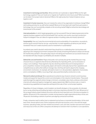 Investment in technology and facilities. What activities can I automate or digitize? What are the right
technology suppliers? How can I build out or migrate my IT platforms to be future-proof? Which activities
can be taken from project sites to factories? What is the right production-footprint balance versus
logistics cost?
Investment in human resources. How can I revamp the culture of my organization to embrace change? What
skill-building activities for my staff will be needed? What sort of new talent will I need? And, particularly in
technology, how can I successfully compete on the recruiting market? Might an attractive new strategy and
brand be part of the answer?
Internationalization. In which target geographies can I be successful? How do I balance governance at the
regional, business-segment, and functional levels? Can I use low-cost country-sourcing or production-
footprint strategies? How can I allow for regional variation in building codes and industry dynamics?
Sustainability. How can I raise the environmental and social sustainability of my operations, my products,
and the inputs I source? How far can I go—and how fast—to meet regulations as well as my own ethical
standards? How can I create a business case for investments in sustainability?
Incumbents also need to decide to what extent they should focus on defending their core business and
adjusting to the changing environment compared with actively reinventing themselves to attack and disrupt
the markets they operate in. Disruptive plays require risk taking and investment, but successful moves can
be rewarded with step changes in profitability and valuation multiples.
Defend the core and transform. Players that prefer not to actively disrupt the markets they are in may
choose to focus on segments that will be less affected by the impending shifts, such as renovation or
unique, iconic buildings. These segments may face declining market share and increasing levels of
price competition, however. Consequently, players will need to continually improve their capabilities and
competitiveness as well as their ability to manage risks. And they will need to adjust to the changing
environment. Contractors, for example, will need to invest in on-site automation, digitization of processes,
end-to-end adoption of BIM, or sourcing of high-value pods that simplify construction on site.
Reinvent to attack and disrupt. More aspirational incumbents may choose to reinvent current business
models and expand far beyond the current core to be leaders in the industry’s transformation. They would
explicitly target the segments where change is imminent, consolidate value chains, embrace online direct
channels with advanced logistics management, apply programmatic M&A to achieve scale, or invest in
manufacturing capabilities and capacities well beyond the scale of their current project pipeline.
Regardless of chosen strategies, a set of enablers can benefit all players in the ecosystem. As indicated
by our survey, attracting and building top talent is of primary importance (Exhibit 27). In fact, 90 percent of
the surveyed industry experts believe this action will be the most important one in the future ecosystem. In
addition, 82 percent of the respondents consider moving toward an agile organizational setup critical, and
78 percent cite building a network of partners and aligning contractual incentives.
Finally, companies need to define how to implement and achieve a corporate transformation. At the most
basic level, several options exist. Some companies will build new business units in line with the target
business, operating model, and new-market environment—and, over time, transfer more and more volume
and resources to that unit. Other companies will attempt to transform their incumbent or core operations.
69The next normal in construction
 
