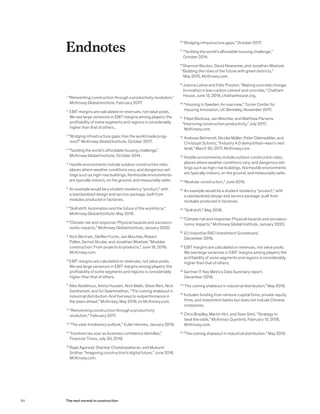 Endnotes
1
“Reinventing construction through a productivity revolution,”
McKinsey Global Institute, February 2017.
2
	 EBIT margins are calculated on revenues, not value pools.
We see large variances in EBIT margins among players; the
profitability of some segments and regions is considerably
higher than that of others..
3
“Bridging infrastructure gaps: Has the world made prog-
ress?” McKinsey Global Institute, October 2017.
4
“Tackling the world’s affordable housing challenge,”
McKinsey Global Institute, October 2014.
5
	 Hostile environments include outdoor construction sites,
places where weather conditions vary, and dangerous set-
tings such as high-rise buildings. Nonhostile environments
are typically indoors, on the ground, and measurably safer.
6
	An example would be a student residency “product,” with
a standardized design and service package, built from
modules produced in factories.
7
“Skill shift: Automation and the future of the workforce,”
McKinsey Global Institute, May 2018.
8
“Climate risk and response: Physical hazards and socioeco-
nomic impacts,” McKinsey Global Institute, January 2020.
9
	Nick Bertram, Steffen Fuchs, Jan Mischke, Robert
Palter, Gernot Strube, and Jonathan Woetzel, "Modular
construction: From projects to products," June 18, 2019,
McKinsey.com.
10
	EBIT margins are calculated on revenues, not value pools.
We see large variances in EBIT margins among players; the
profitability of some segments and regions is considerably
higher than that of others.
11
	Alex Abdelnour, Amna Hussein, Nick Malik, Steve Reis, Nick
Santhanam, and Sri Swaminathan, “The coming shakeout in
industrial distribution: And five keys to outperformance in
the years ahead,” McKinsey, May 2019, on McKinsey.com.
12
“Reinventing construction through a productivity
revolution,” February 2017.
13
“The view: Insolvency outlook,” Euler Hermes, January 2019.
14
“Insolvencies soar as business confidence dwindles,”
Financial Times, July 30, 2019.
15
	Rajat Agarwal, Shankar Chandrasekaran, and Mukund
Sridhar, “Imagining construction’s digital future,” June 2016,
McKinsey.com.
16
	“Bridging infrastructure gaps,” October 2017.
17
	“Tackling the world's affordable housing challenge,”
October 2014.
18
	Shannon Bouton, David Newsome, and Jonathan Woetzel,
“Building the cities of the future with green districts,”
May 2015, McKinsey.com.
19
	Joanna Lehne and Felix Preston, “Making concrete change:
Innovation in low-carbon cement and concrete,” Chatham
House, June 13, 2018, chathamhouse.org.
20
“Housing in Sweden: An overview,” Turner Center for
Housing Innovation, UC Berkeley, November 2017.
21
	Filipe Barbosa, Jan Mischke, and Matthew Parsons,
“Improving construction productivity,” July 2017,
McKinsey.com.
22
	Andreas Behrendt, Nicolai Müller, Peter Odenwälder, and
Christoph Schmitz, “Industry 4.0 demystified—lean’s next
level,” March 30, 2017, McKinsey.com.
23
	Hostile environments include outdoor construction sites,
places where weather conditions vary, and dangerous set-
tings such as high-rise buildings. Nonhostile environments
are typically indoors, on the ground, and measurably safer.
24
“Modular construction,” June 2019.
25
	An example would be a student residency “product,” with
a standardized design and service package, built from
modules produced in factories.
26
“Skill shift,” May 2018.
27
“Climate risk and response: Physical hazards and socioeco-
nomic impacts,” McKinsey Global Institute, January 2020.
28
	EU Industrial R&D Investment Scoreboard,
December 2019.
29
	EBIT margins are calculated on revenues, not value pools.
We see large variances in EBIT margins among players; the
profitability of some segments and regions is considerably
higher than that of others.
30
	Gartner IT Key Metrics Data Summary report,
December 2019.
31
“The coming shakeout in industrial distribution,” May 2019.
32
	Includes funding from venture-capital firms, private-equity
firms, and investment banks but does not include Chinese
companies.
33
	Chris Bradley, Martin Hirt, and Sven Smit, “Strategy to
beat the odds,” McKinsey Quarterly, February 13, 2018,
McKinsey.com.
34
“The coming shakeout in industrial distribution,” May 2019.
84 The next normal in construction
 