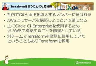 (C)Copyright 1996-2015 SAKURA Internet Inc.
• 社内でGitHub:Eを導入するメンバーに選ばれる
• AWS上にサーバを構築しようという話になる
• 主にCircle CI Enterpriseを使用するため
※ AWSで構築することを前提としている
• 別チームでTerraformを業務に使用していた
ということもありTerraformを採用
Terraformを使うことになる経緯
 