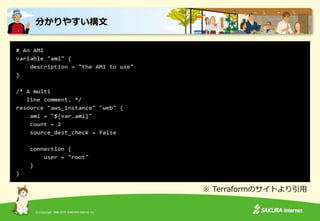 (C)Copyright 1996-2015 SAKURA Internet Inc.
分かりやすい構文
※ Terraformのサイトより引用
 
