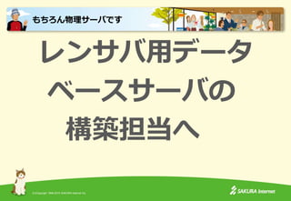 (C)Copyright 1996-2015 SAKURA Internet Inc.
レンサバ用データ
ベースサーバの
構築担当へ
もちろん物理サーバです
 