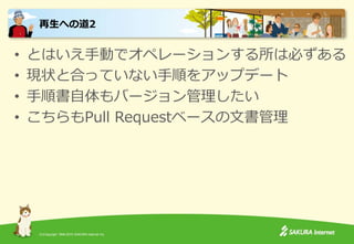 (C)Copyright 1996-2015 SAKURA Internet Inc.
• とはいえ手動でオペレーションする所は必ずある
• 現状と合っていない手順をアップデート
• 手順書自体もバージョン管理したい
• こちらもPull Requestベースの文書管理
再生への道2
 
