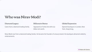 Who was Nirav Modi?
Diamond Legacy
Came from a diamond trading family.
Billionaire Status
Appeared on Forbes list with $1.8
billion net worth.
Global Expansion
Opened boutiques in London, New
York, Hong Kong.
Nirav Modi rose from a diamond trading family. He became the founder of a luxury brand. His boutiques attracted celebrity
endorsements.
 