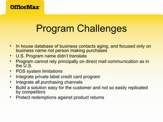 Program Challenges In house database of business contacts aging, and focused only on business name not person making purchases U.S. Program name didn’t translate Program cannot rely principally on direct mail communication as in the U.S. POS system limitations Integrate private label credit card program Integrate all purchasing channels Build a solution easy for the customer and not so easily replicated by competitors Protect redemptions against product returns 