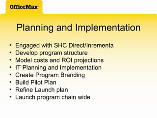 Planning and Implementation Engaged with SHC Direct/Inrementa Develop program structure Model costs and ROI projections IT Planning and Implementation Create Program Branding Build Pilot Plan Refine Launch plan Launch program chain wide 