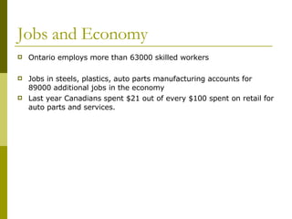 Jobs and Economy Ontario employs more than 63000 skilled workers Jobs in steels, plastics, auto parts manufacturing accounts for 89000 additional jobs in the economy Last year Canadians spent $21 out of every $100 spent on retail for auto parts and services. 